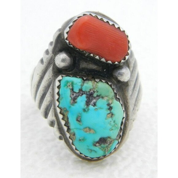 R Other - Navajo R Signed Designer Sterling Silver Heavy Coral Turquoise Ring 15g Size 9.5